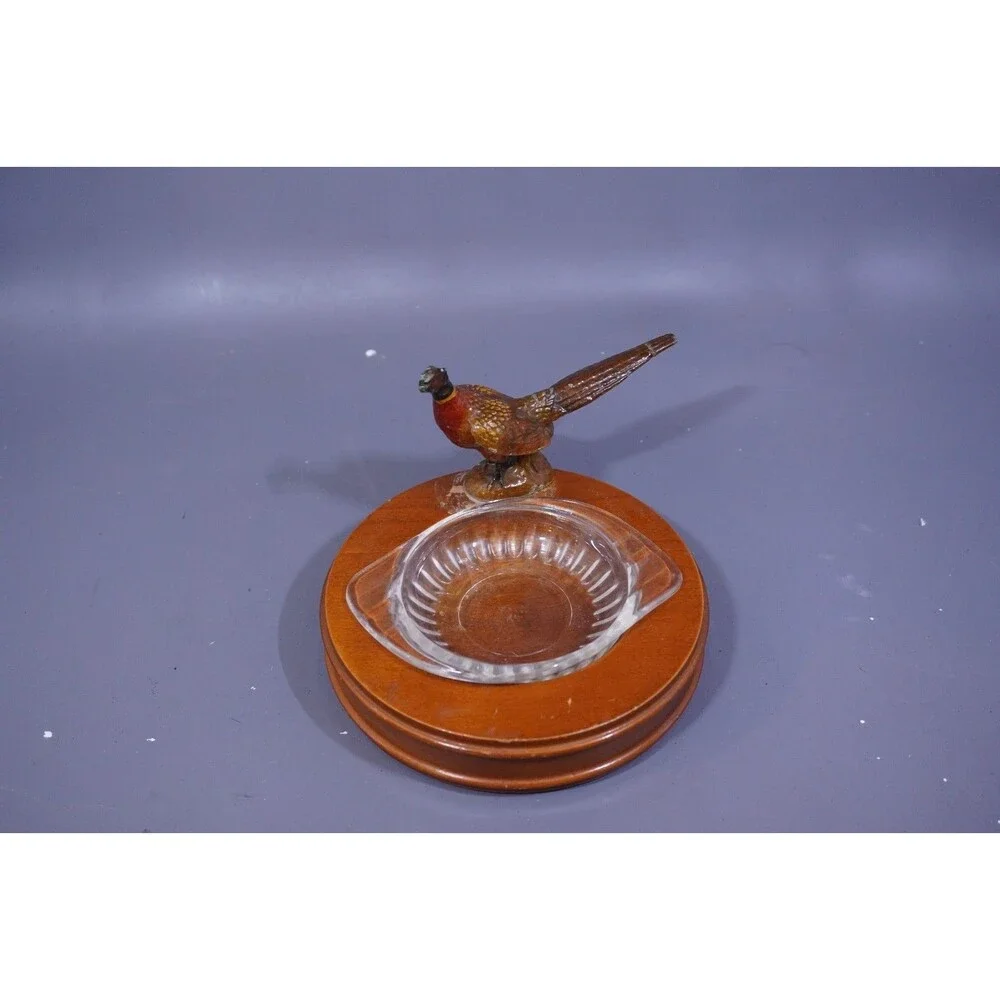 Vintage Mid-Century Ring-Necked Pheasant Wood & Glass Ashtray - Tobacciana
